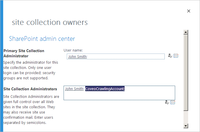 Setting the crawling account as site collection administrator on the selected user profile in SharePoint Online | Coveo