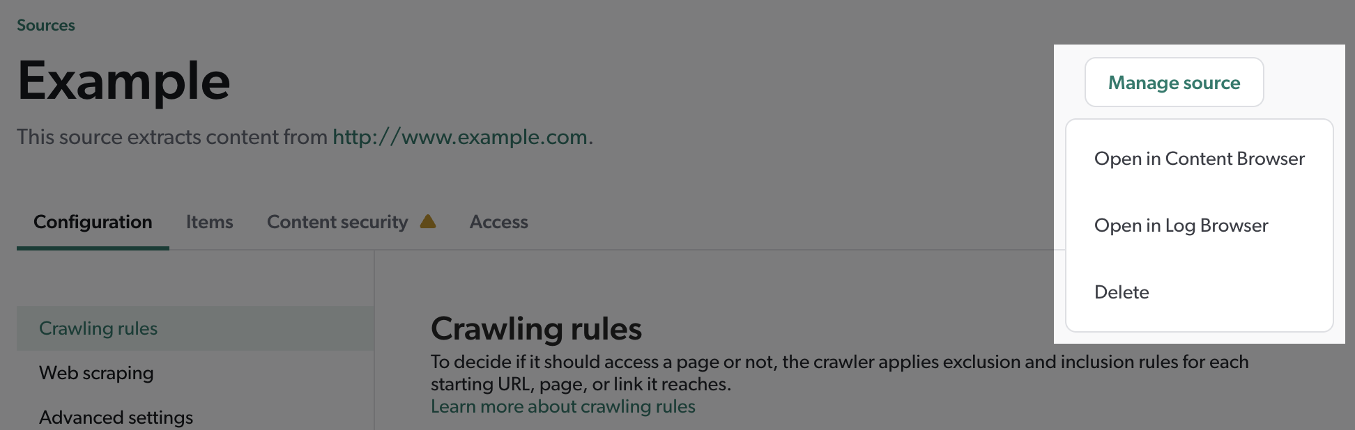 Manage source menu | Coveo