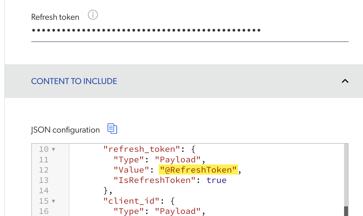 Refresh token placeholder in the source JSON configuration and in the source panel