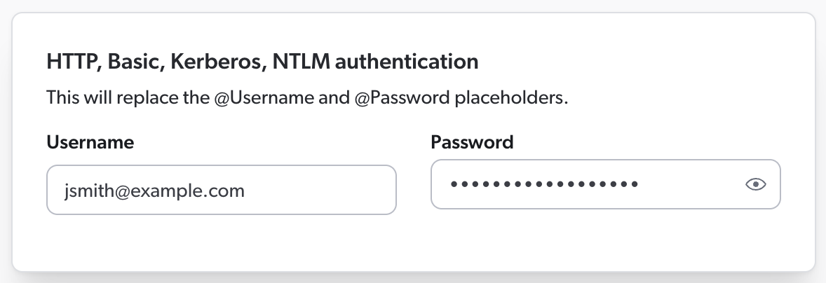 Username and password in the source panel