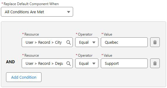 A city equals Quebec and department equals Support visibility rule in Salesforce