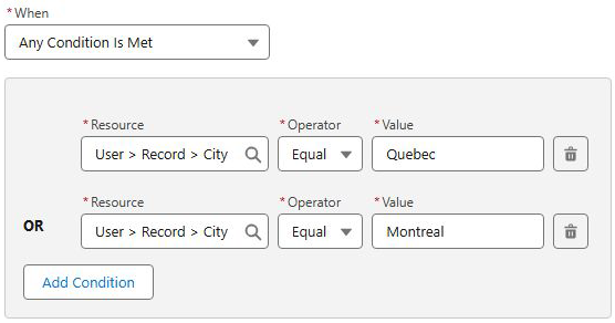 A city equals Quebec or Montreal visibility rule in Salesforce