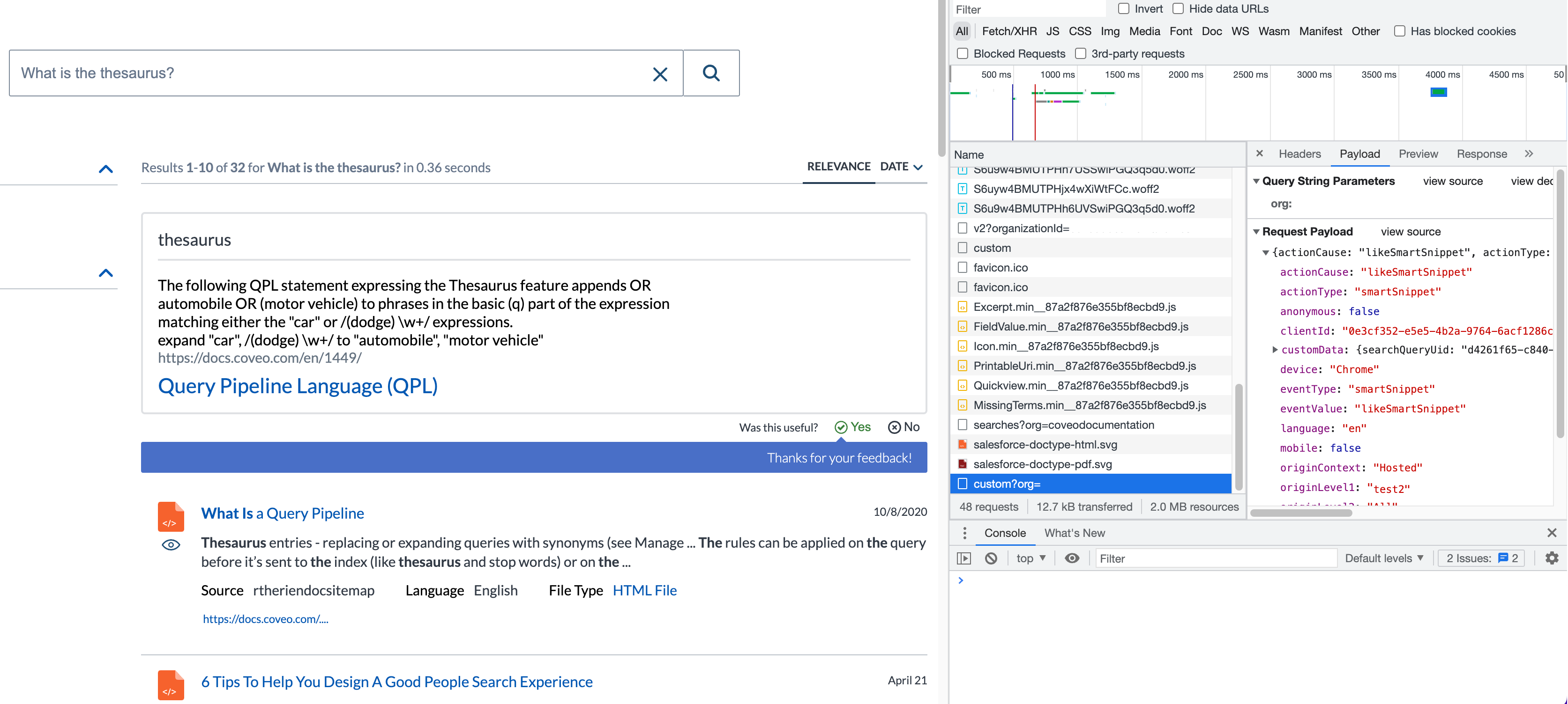 Inspect event example showing Smart Snippet feedback | Coveo