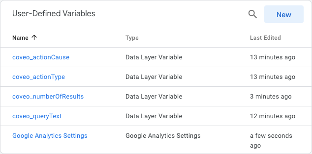 1. **Name**: `coveo_actionCause`, **Type**: `Data Layer Variable`; 2. **Name**: `coveo_actionType`, **Type**: `Data Layer Variable`; 3. **Name**: `coveo_numberOfResults`, **Type**: `Data Layer Variable`; 4. **Name**: `coveo_queryText`, **Type**: `Data Layer Variable`; 5. **Name**: `Google Analytics Settings`, **Type**: `Google Analytics Settings`
