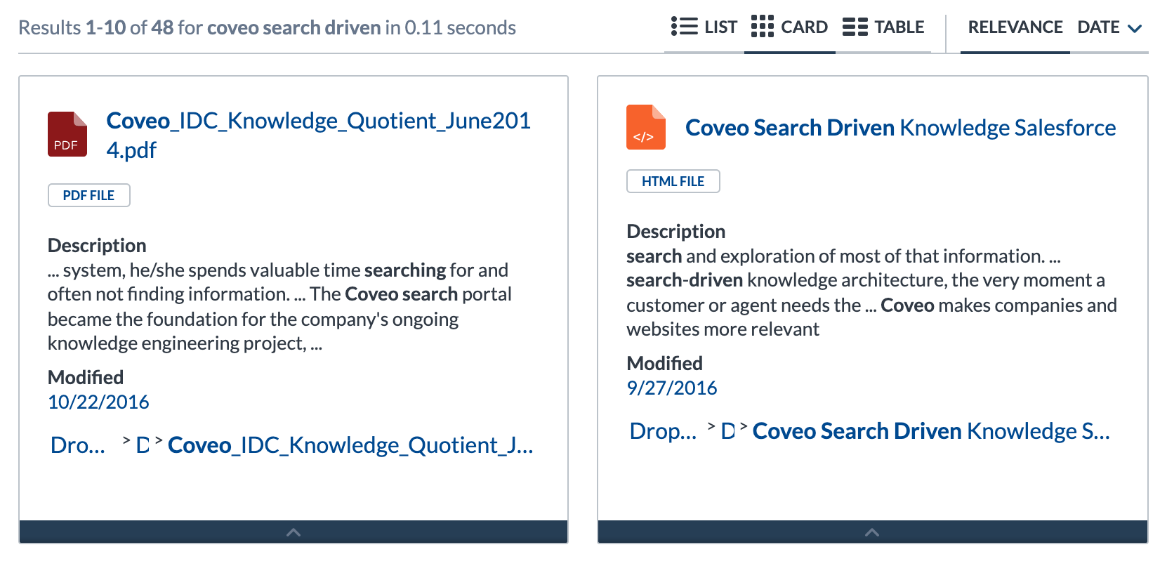 Search results card layout