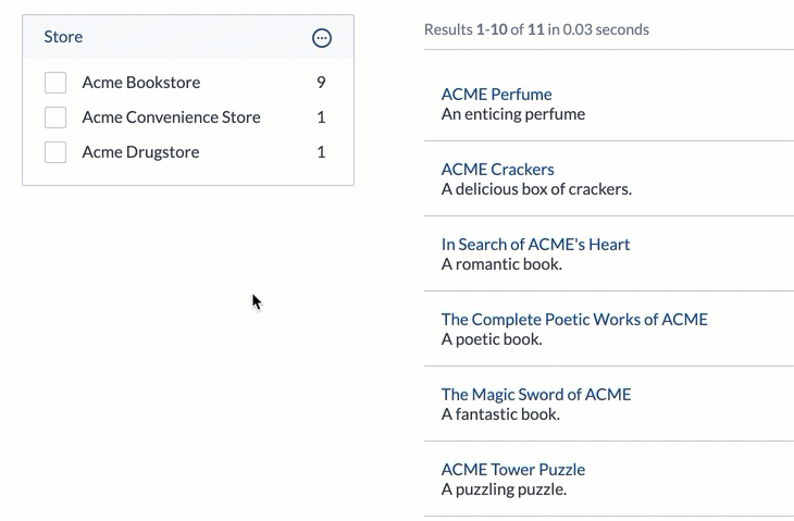 Coveo search page where Category facet stays hidden until user selects value in Store facet demonstrating dependsOn behaviour