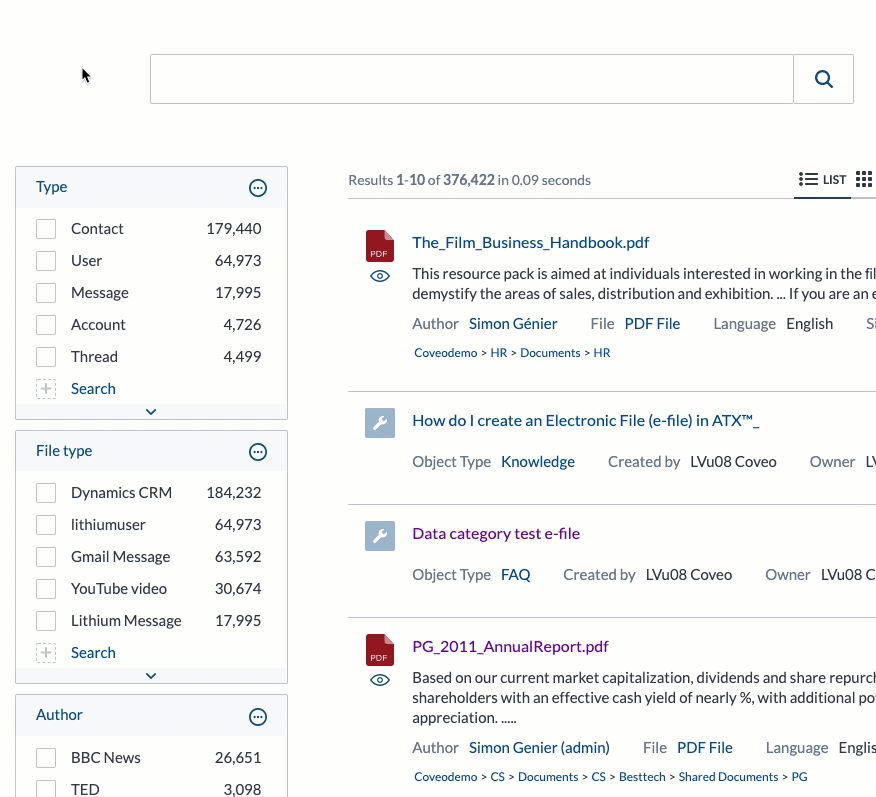 Animated demo of Coveo search box clearing all selected filters when user types a new query
