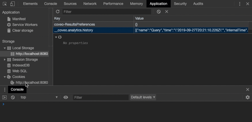 Browser DevTools Application tab shows Coveo Usage Analytics cookie then clearLocalData deletes it instantly