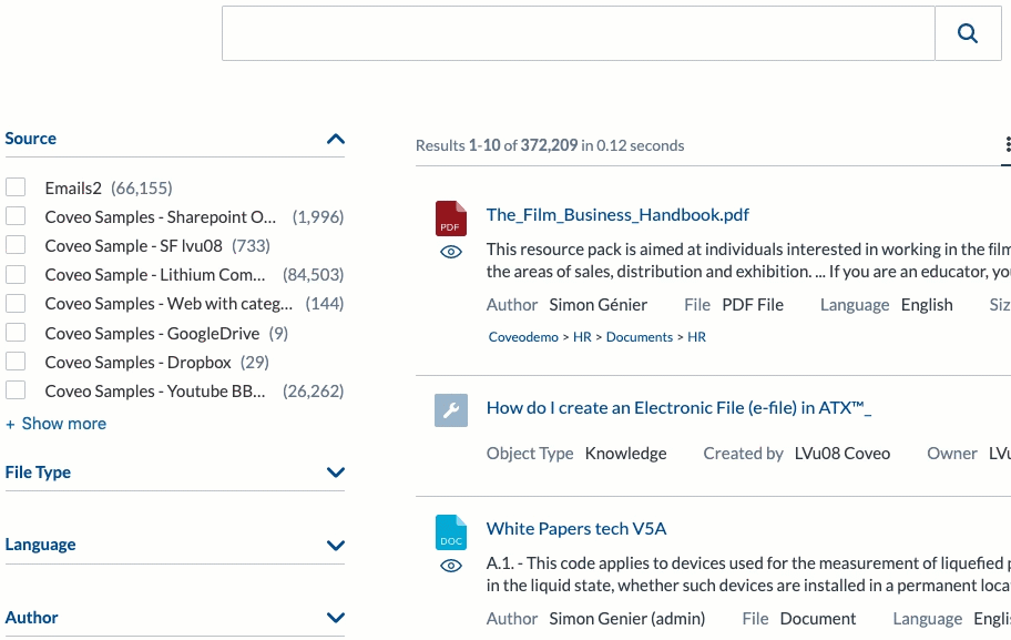 Coveo search interface demonstrates dynamic facet expanding and collapsing to filter results by content source and update counts