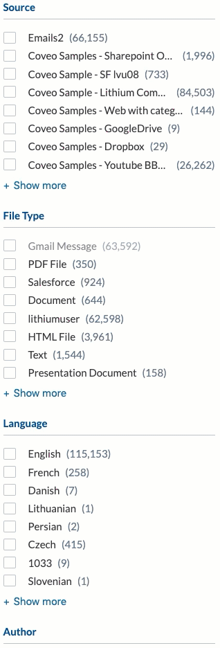 Coveo search interface displaying custom sort for Source and File Type dynamic facets within facetGroupA while Language and Author remain default