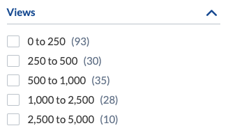 Coveo for Salesforce search page showing results and a left-side dynamic numeric range facet (Price) with four selectable ranges and one active.