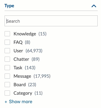 Animated Coveo DynamicFacet search field filters long facet list as user types and reveals additional values with Show more link