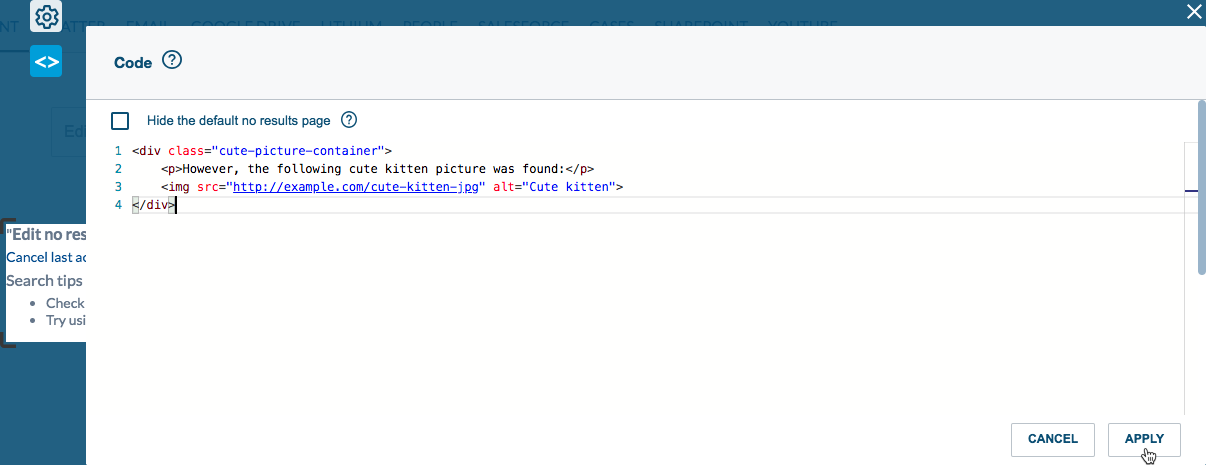 Coveo Interface Editor Code tab displaying custom No results page HTML featuring cute kitten placeholder