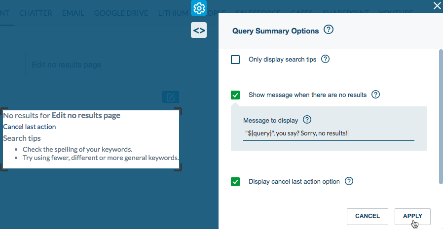 Coveo Interface Editor No results settings pane shows message field with ${query} placeholder search tips apply and cancel buttons