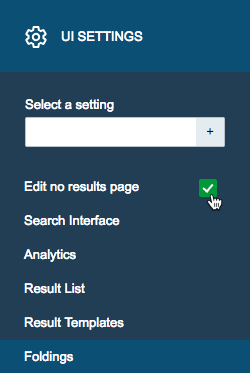 Coveo Interface Editor UI Settings panel showing Edit no results page checkbox selected