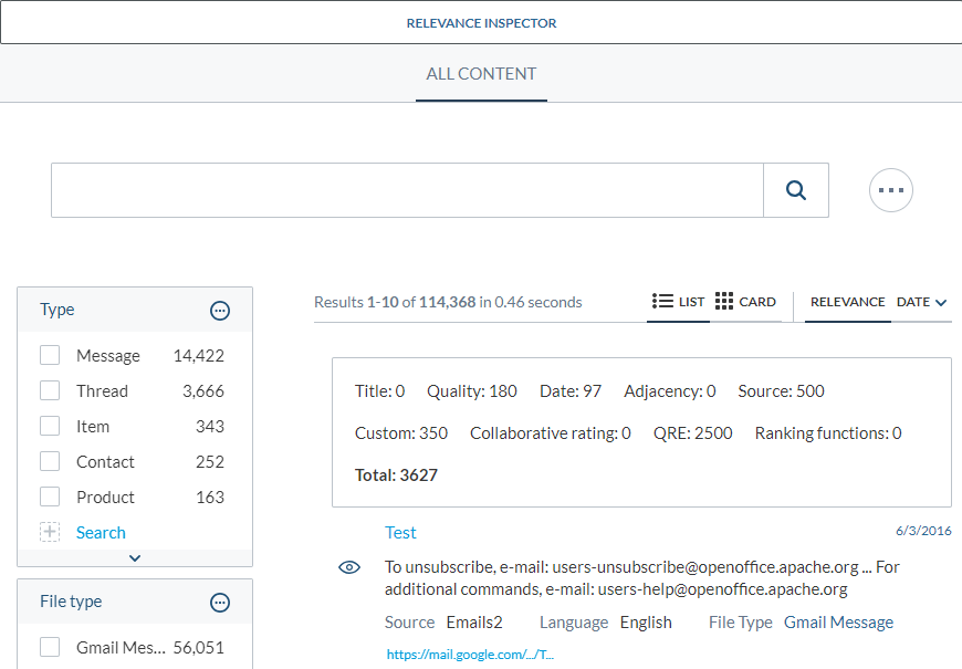 Search page in debug mode with Relevance Inspector link highlighted and detailed scoring metrics for each result in Coveo