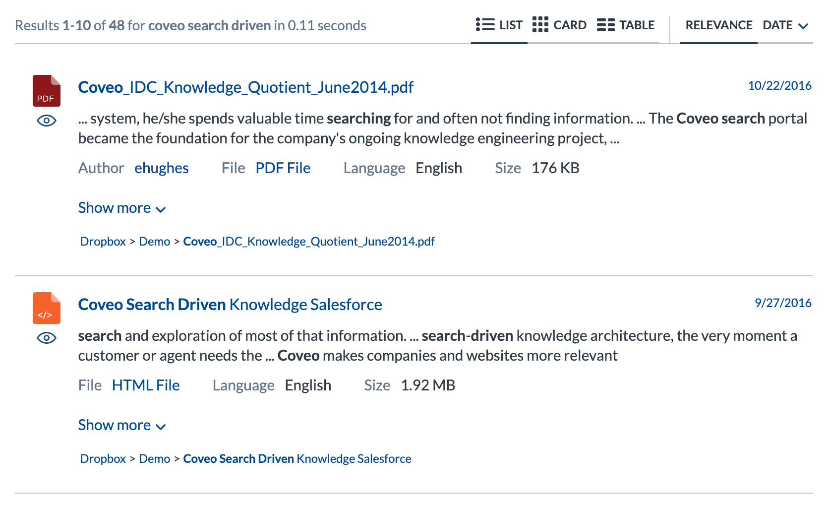 Search results list layout