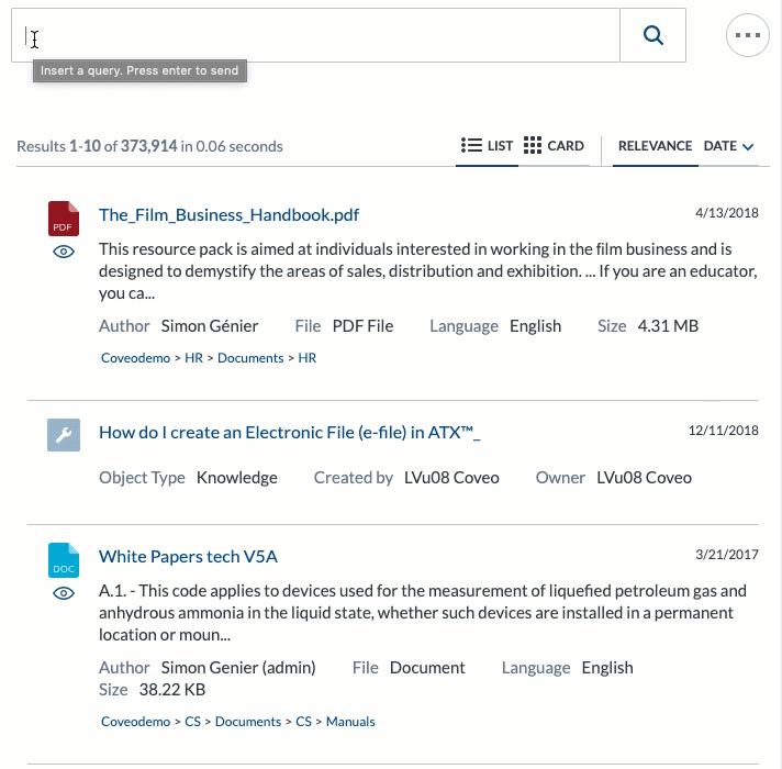 Coveo search UI shows clickable missing query terms above results list during user search