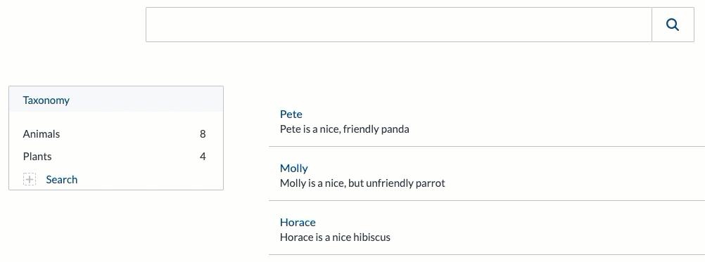 Animated Coveo Search UI Omnibox displays scoped query suggestions for Animals and Plants with panda parrot hibiscus templates