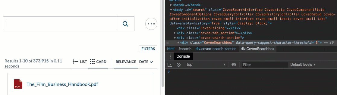Coveo search box reveals dropdown suggestions once a single character is entered demonstrating querySuggestCharacterThreshold set to 1