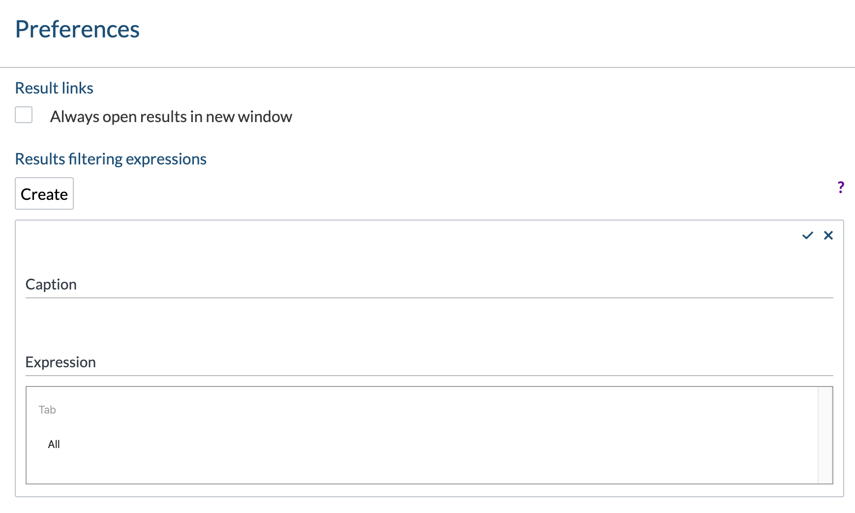 Coveo Preferences panel showing Result links checkbox Always open results in new window and table for Results filtering expressions
