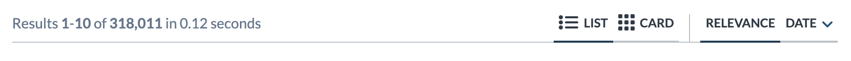 Coveo search toolbar shows results counter (1-10), layout selector with list and card, plus sort dropdowns for relevance and date