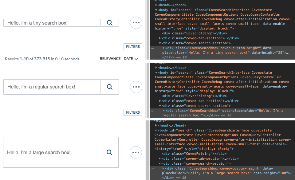 Three Coveo Searchbox component examples tiny regular large labeled accordingly demonstrating height option
