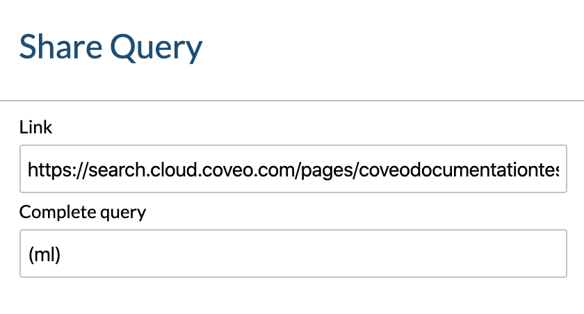 Coveo Share Query panel with fields for sharable link and complete query text