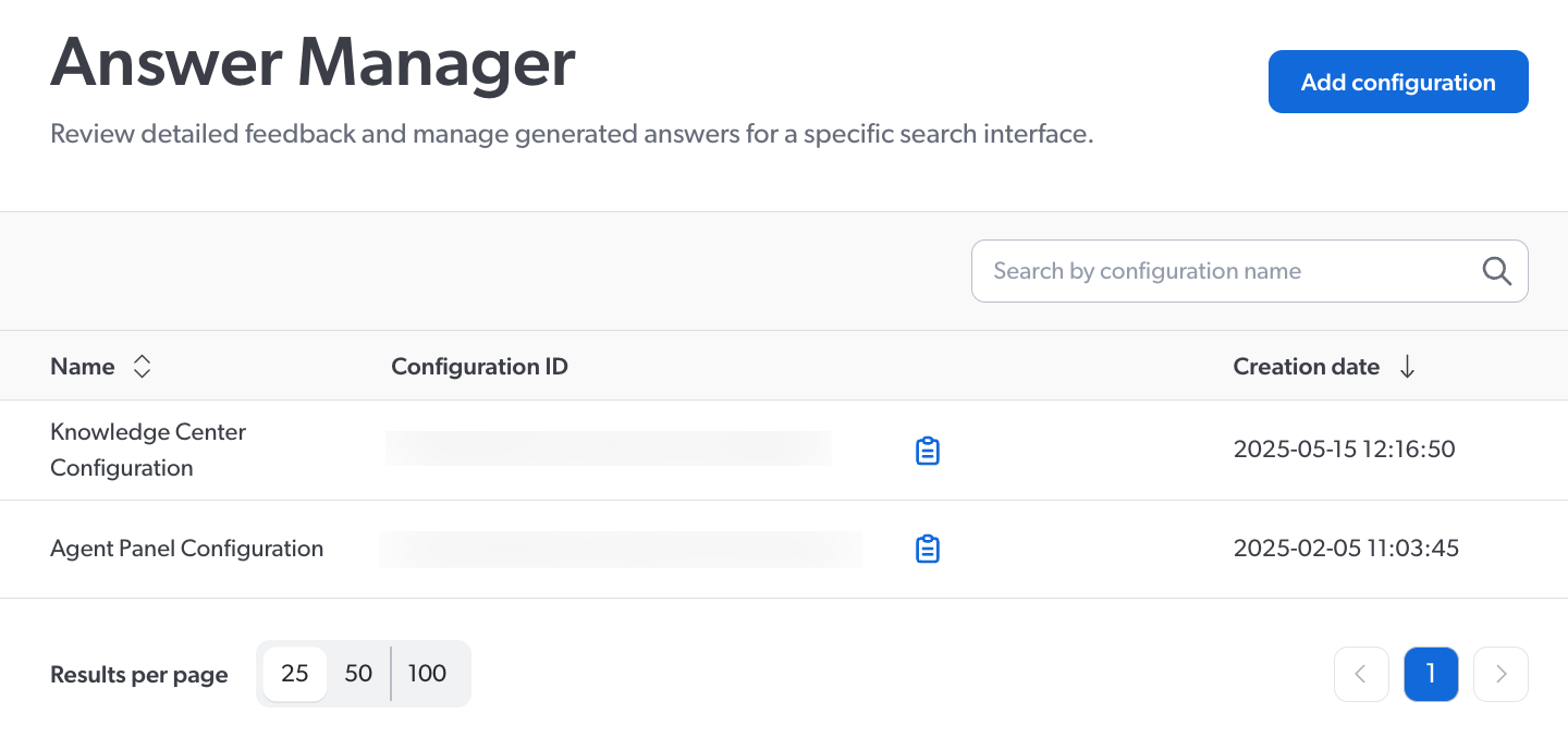 Answer configuration list in the Answer Manager | Coveo