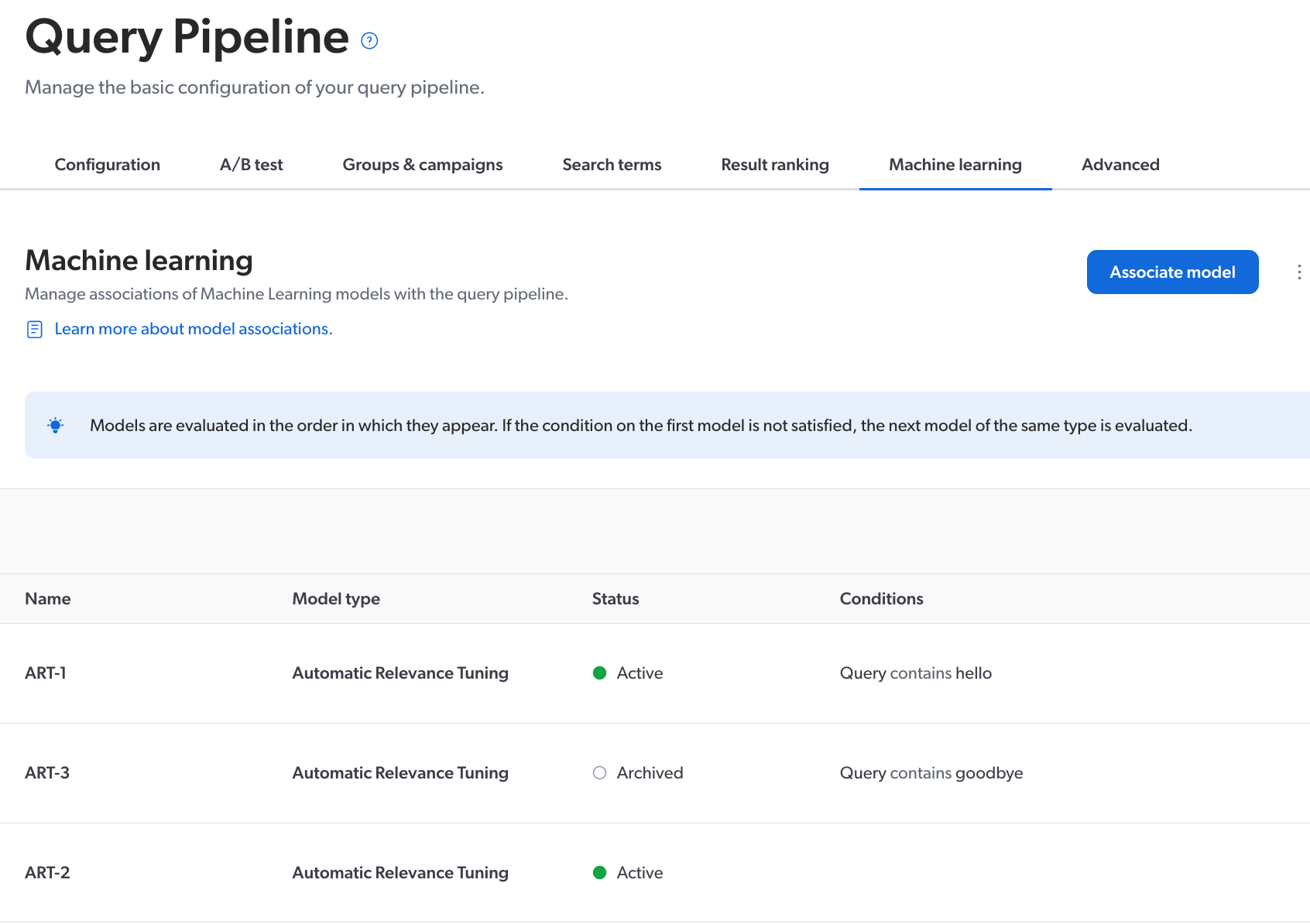 Execution example of 3 reordered associated ART models in a query pipeline | Coveo