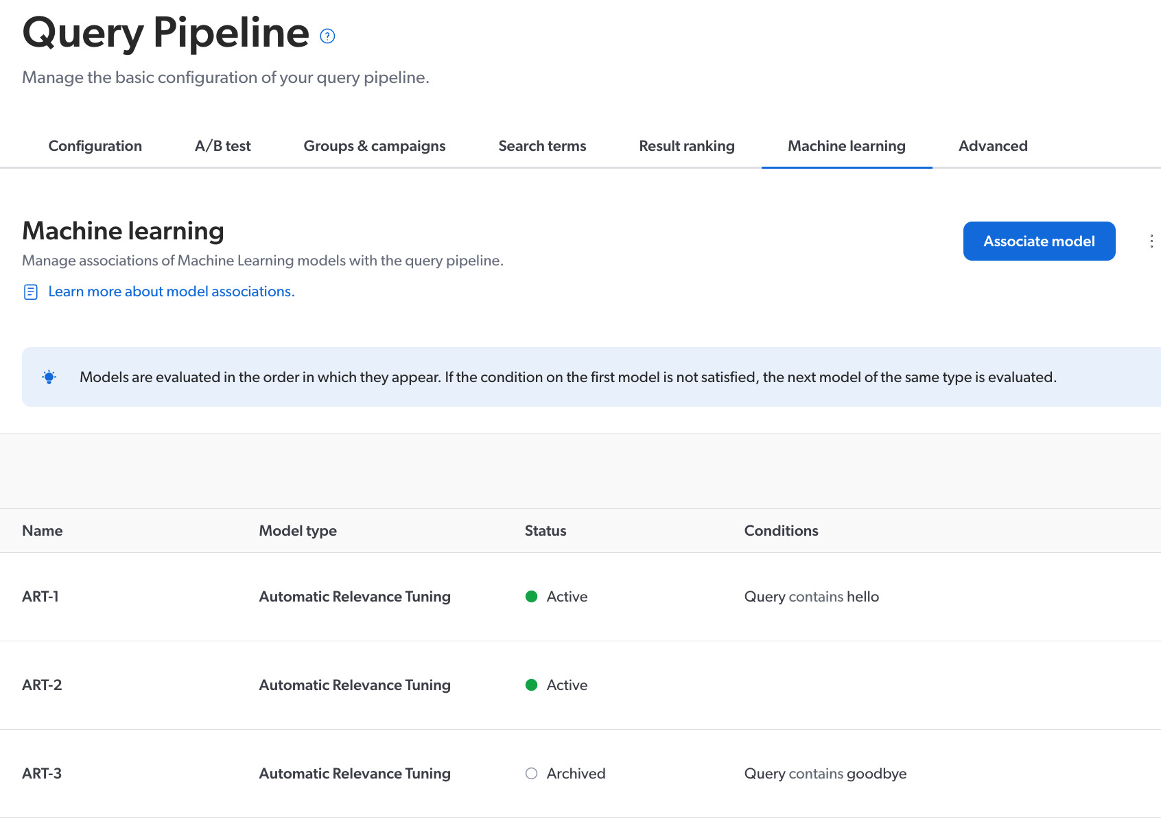 Execution example of 3 associated ART models in a query pipeline | Coveo