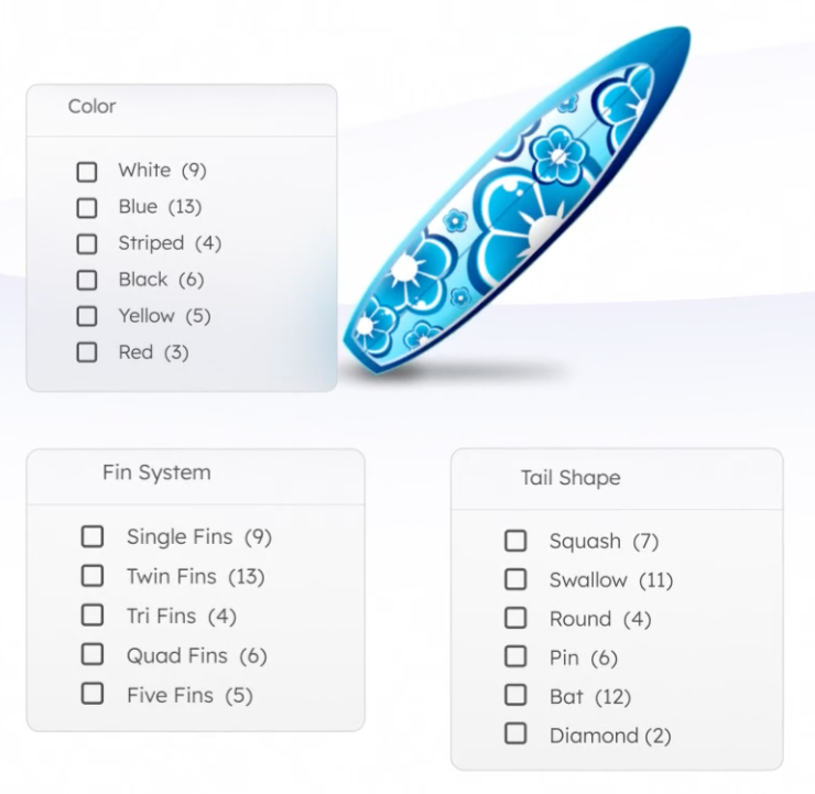 Example of DNE facets generated for surf board search | Coveo Machine Learning