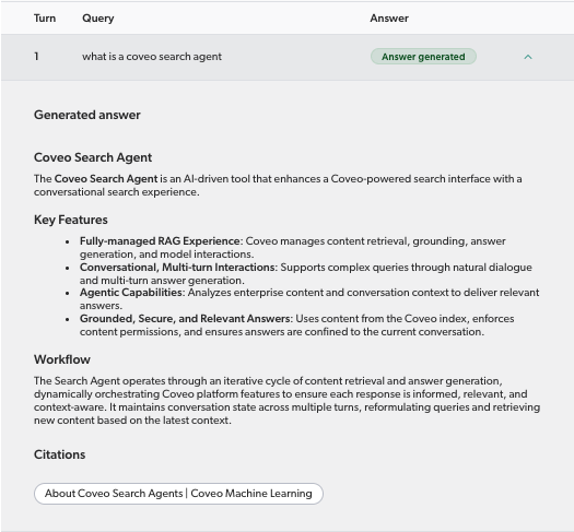See generated answer in Conversation Inspector | Coveo