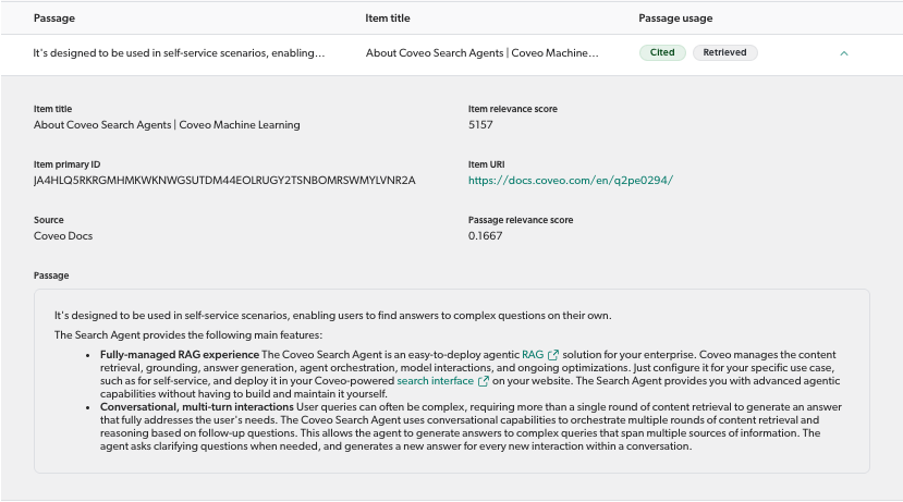 Conversation Inspector passage details | Coveo