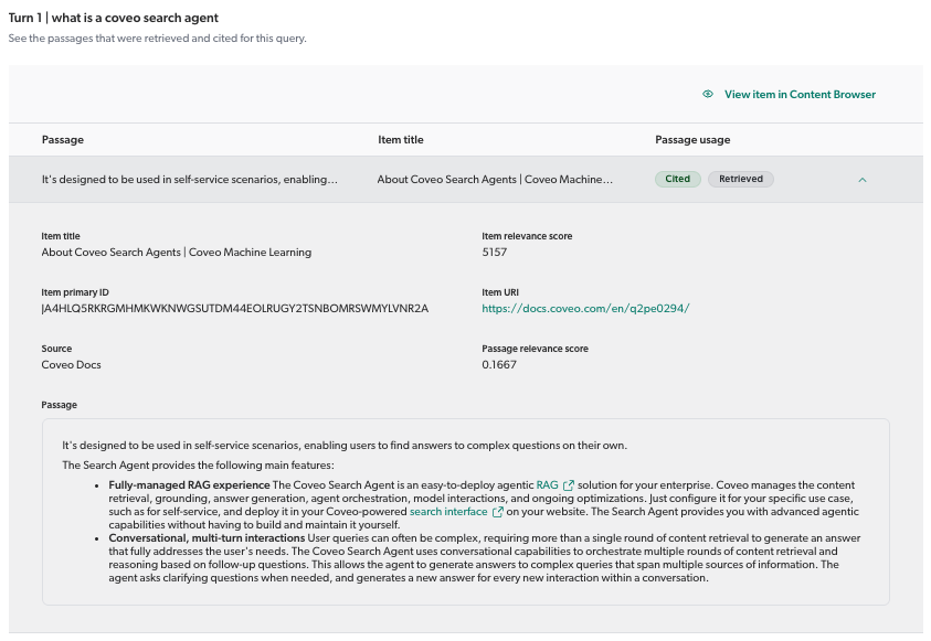 Conversation Inspector passage expanded | Coveo