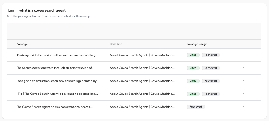 Conversation Inspector passage list information | Coveo
