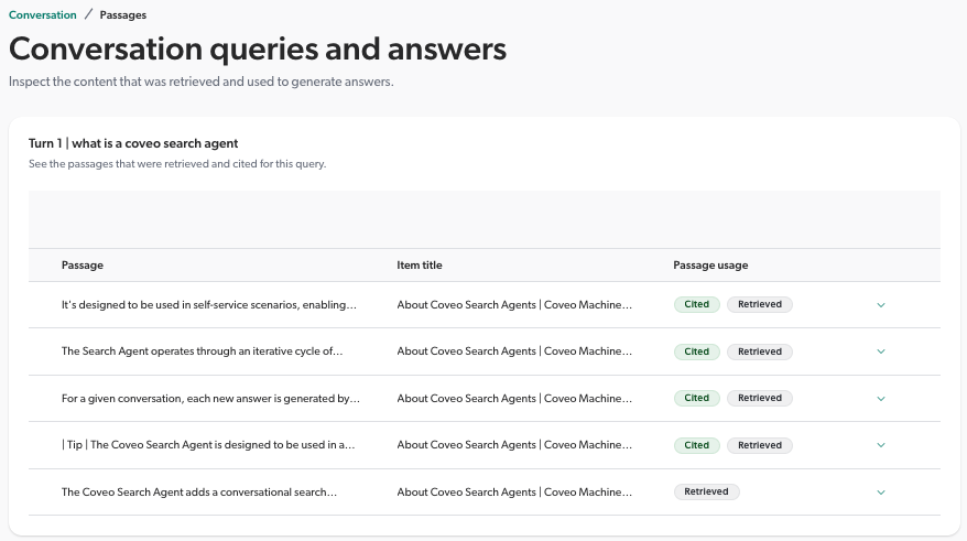 Conversation Inspector passage list | Coveo