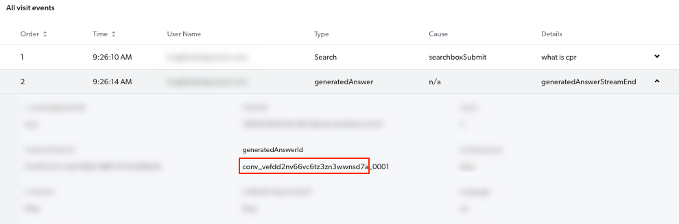 Copy the conversation ID from the Visit Browser event | Coveo