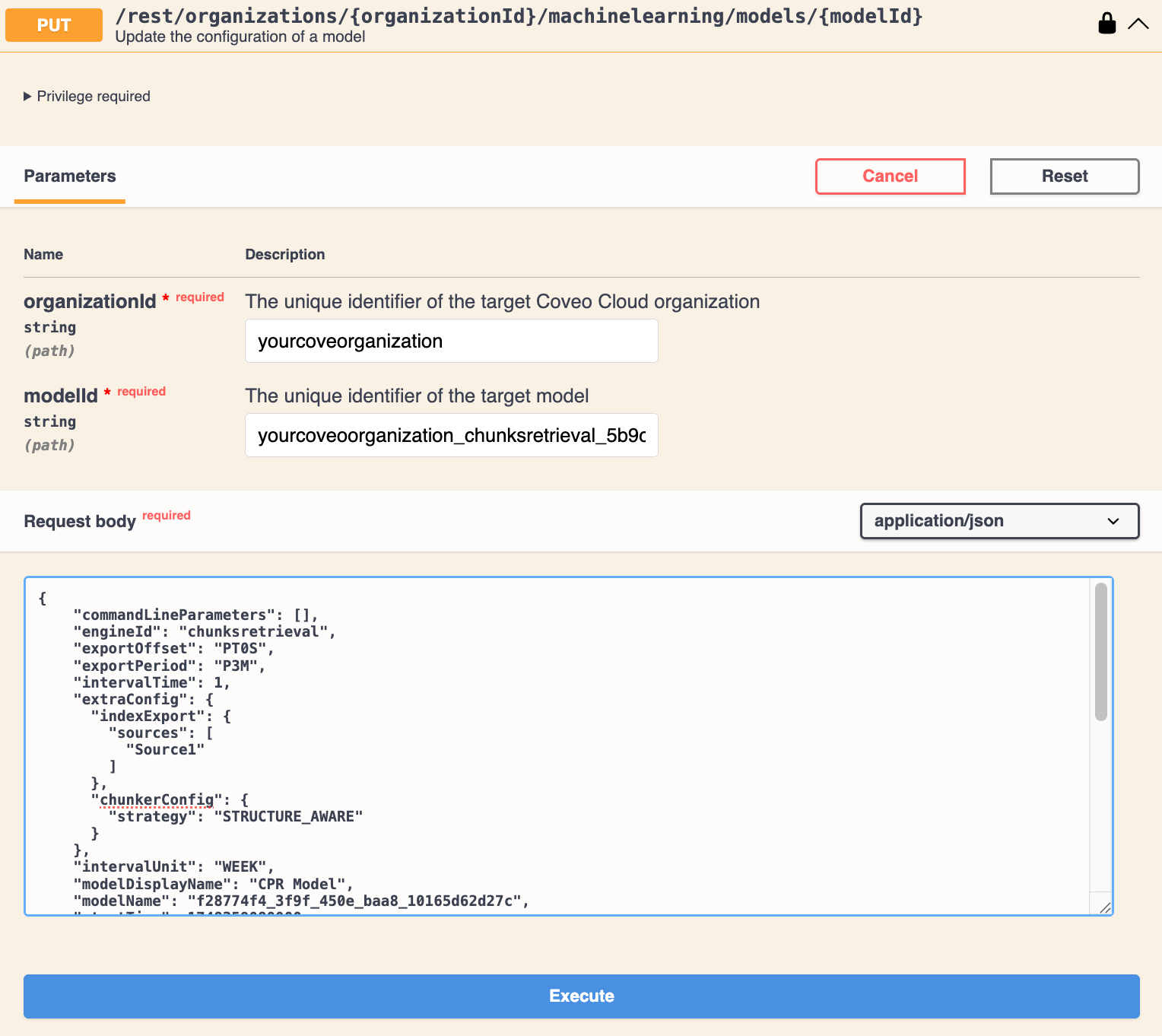 Use Swagger UI to edit a CPR machine learning model | Coveo
