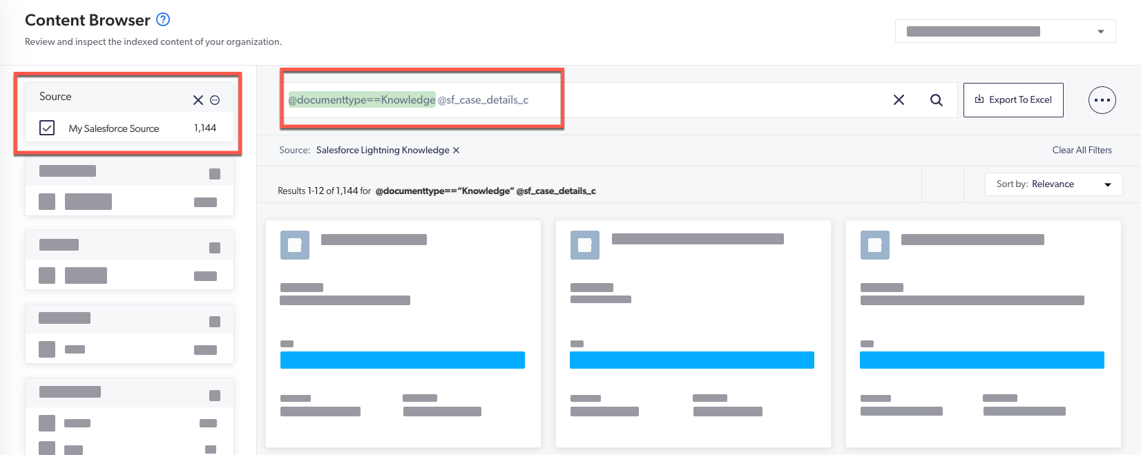 content browser with field selections to target specific items in a given source