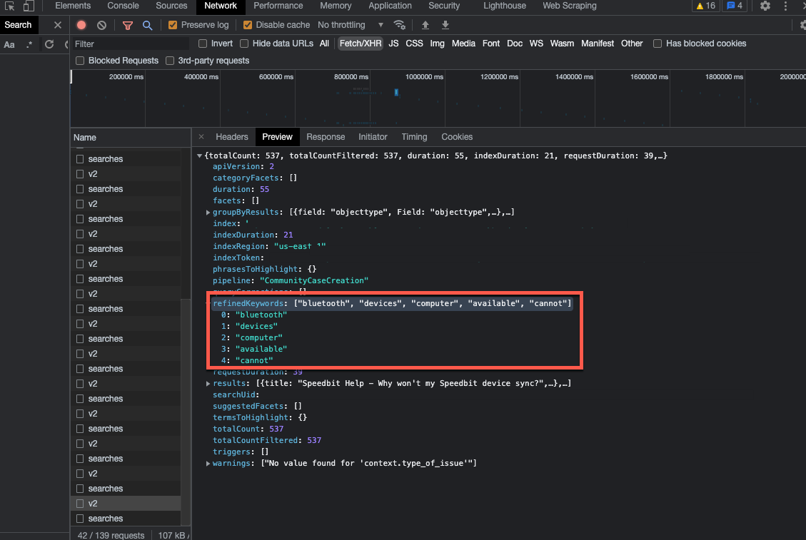 Capture of the refined keywords shown in the developer tools