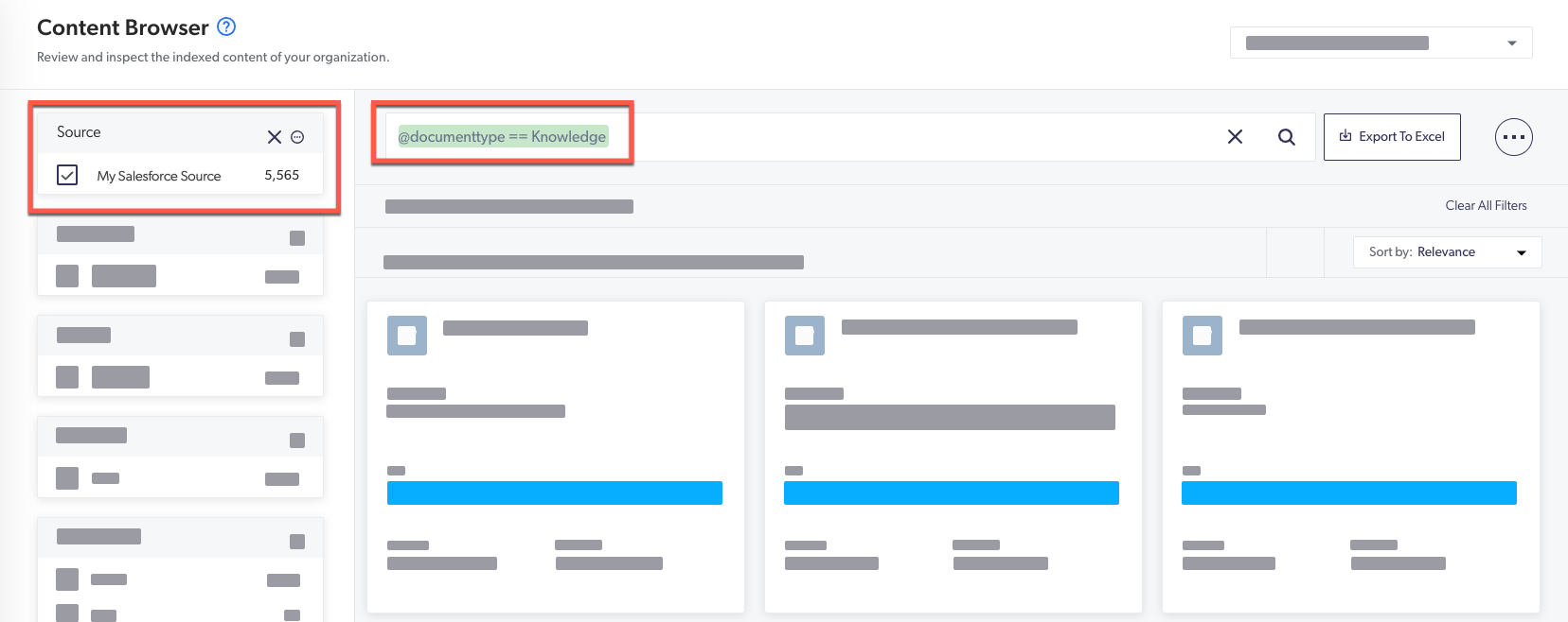 content browser with field selections to target knowledge items in a given source