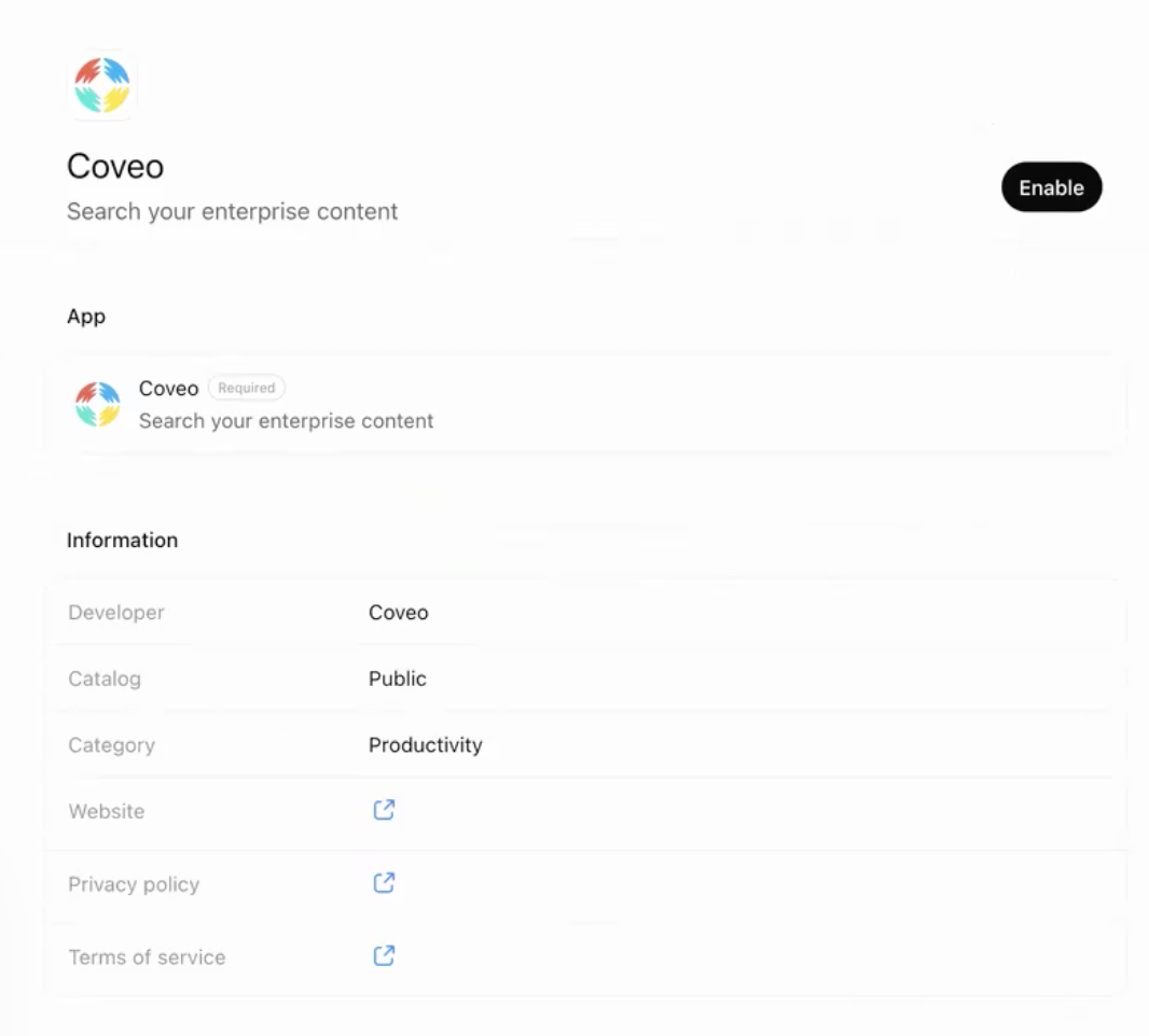 Coveo plugin details page in ChatGPT with Enable button | Coveo MCP Server