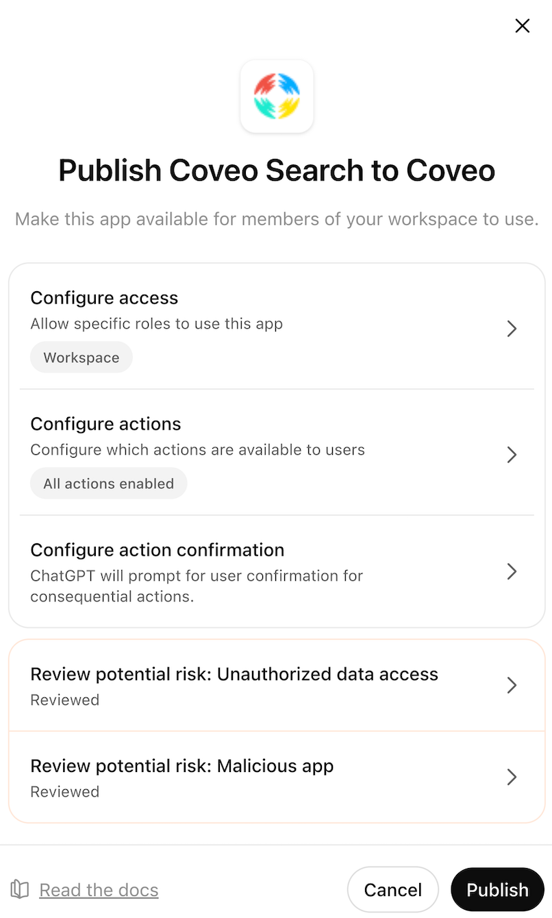 Publish app modal showing risk acknowledgments | Coveo MCP Server