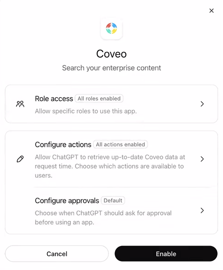 Coveo search your enterprise content modal showing access and action options | Coveo MCP Server