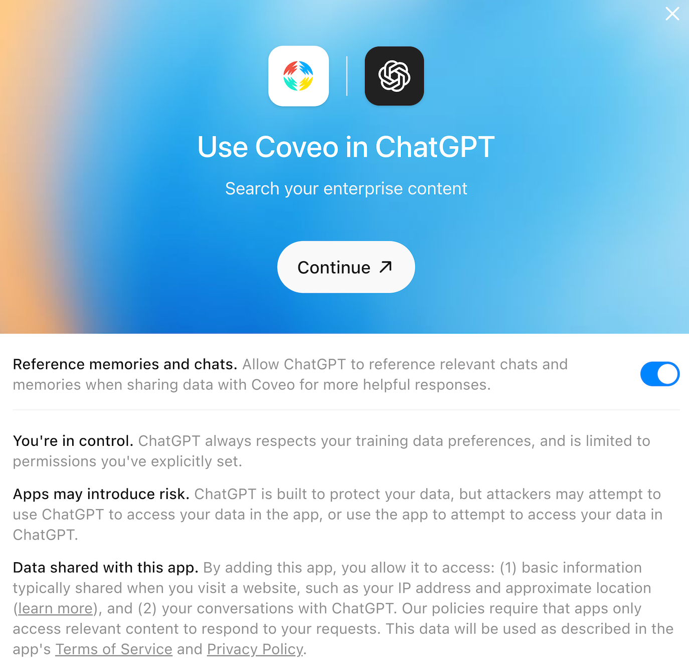 Use Coveo in ChatGPT modal confirming connection | Coveo MCP Server