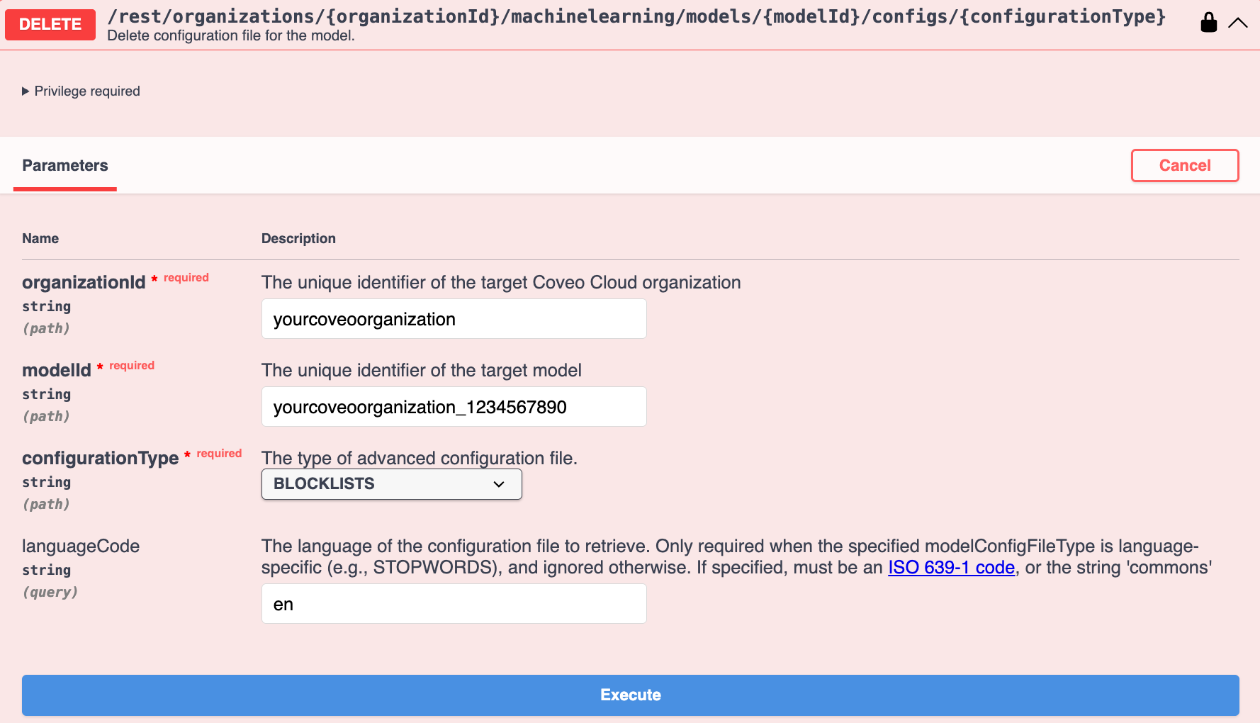 Use Swagger UI to delete an advanced configuration file attached to a model | Coveo