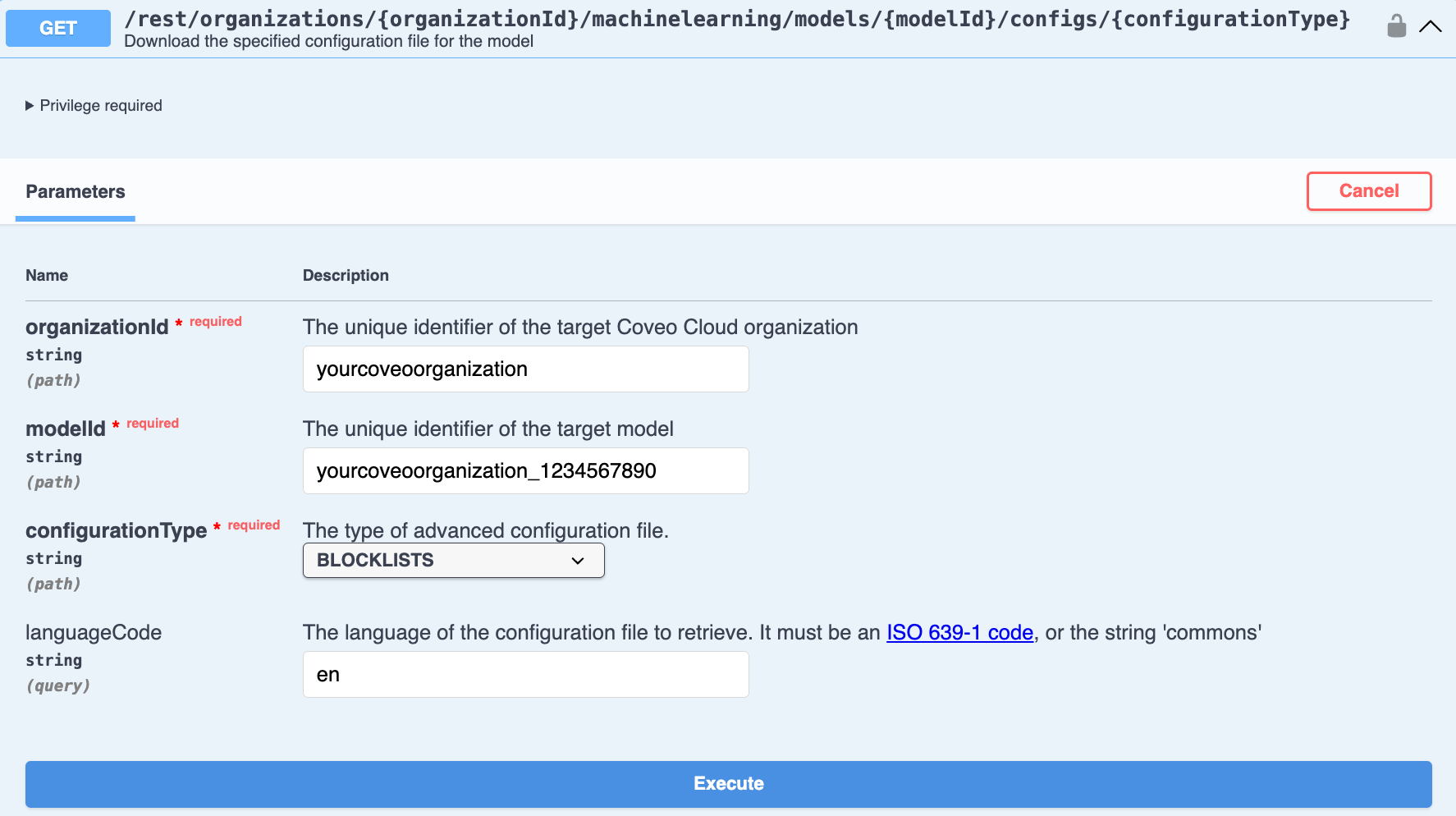 Use Swagger UI to download a model advanced configuration file | Coveo
