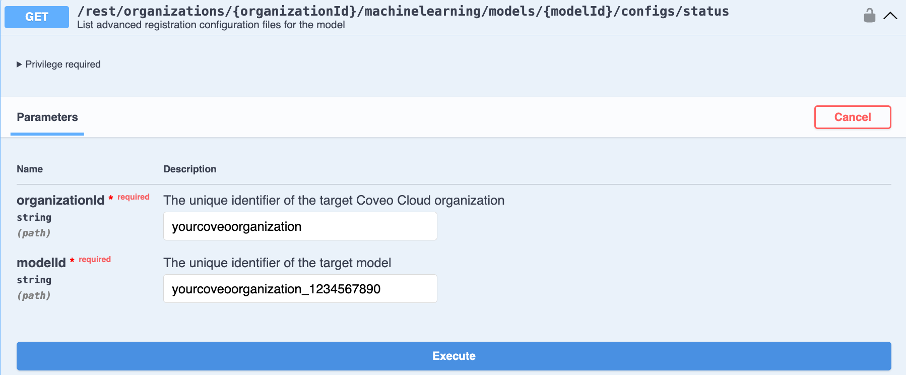 Use Swagger UI to get a list of advanced configuration files used by a model | Coveo
