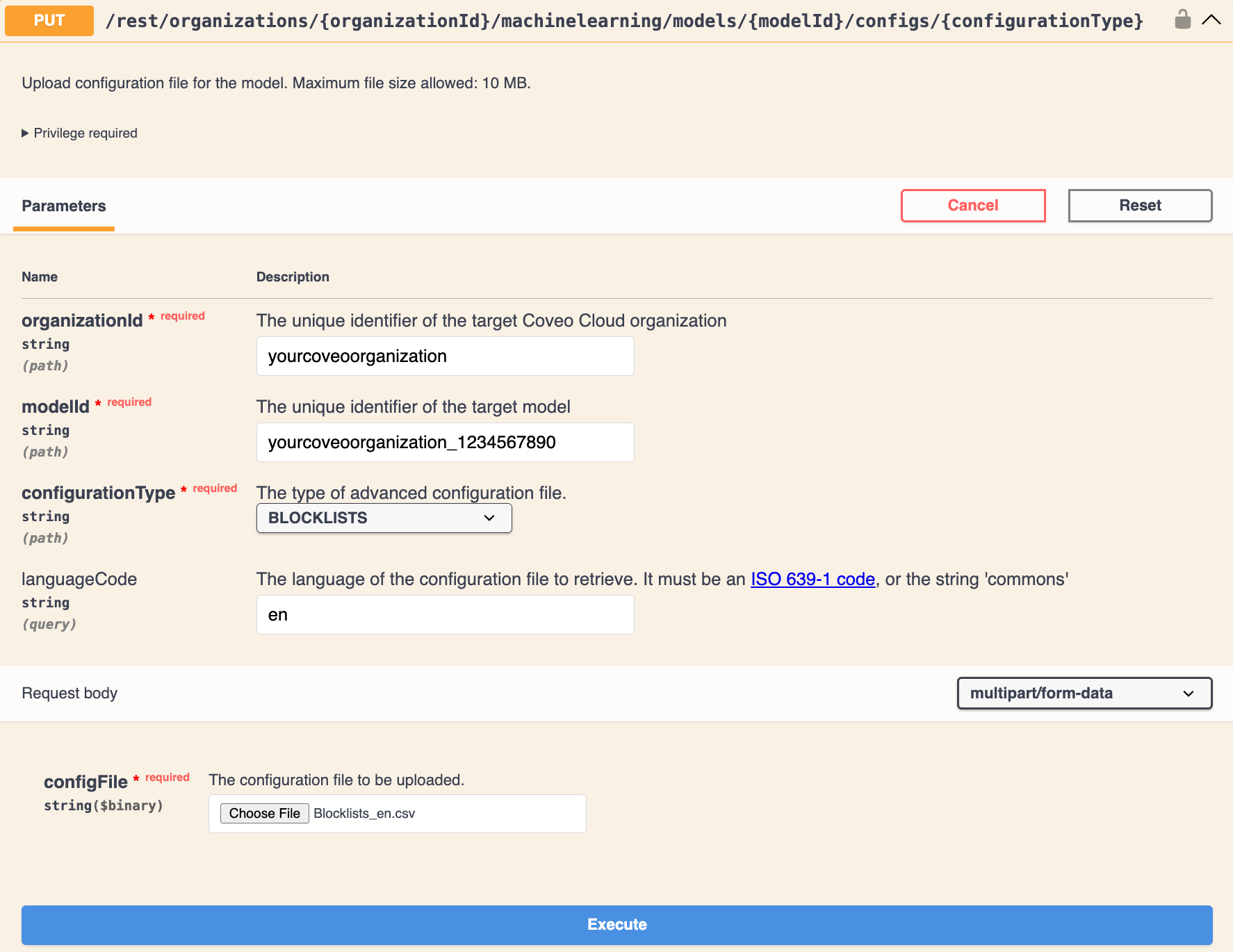 Use Swagger UI to upload a model advanced configuration file | Coveo
